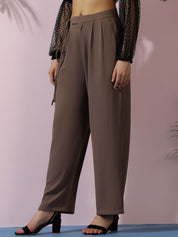 Kotty Women Solid Relaxed Straight Fit High-Rise Easy Wash Pleated Trousers