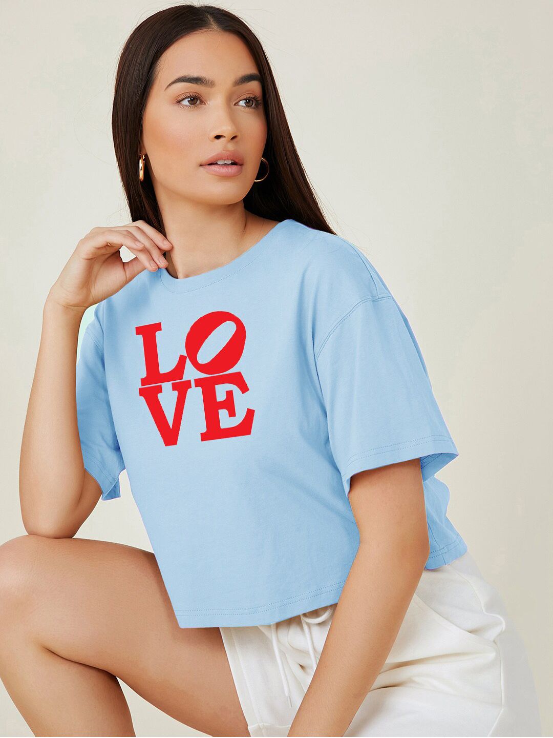 Kotty Blue Typography Printed Drop-Shoulder Sleeves Cotton Oversized Crop T-shirt