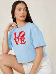Kotty Blue Typography Printed Drop-Shoulder Sleeves Cotton Oversized Crop T-shirt