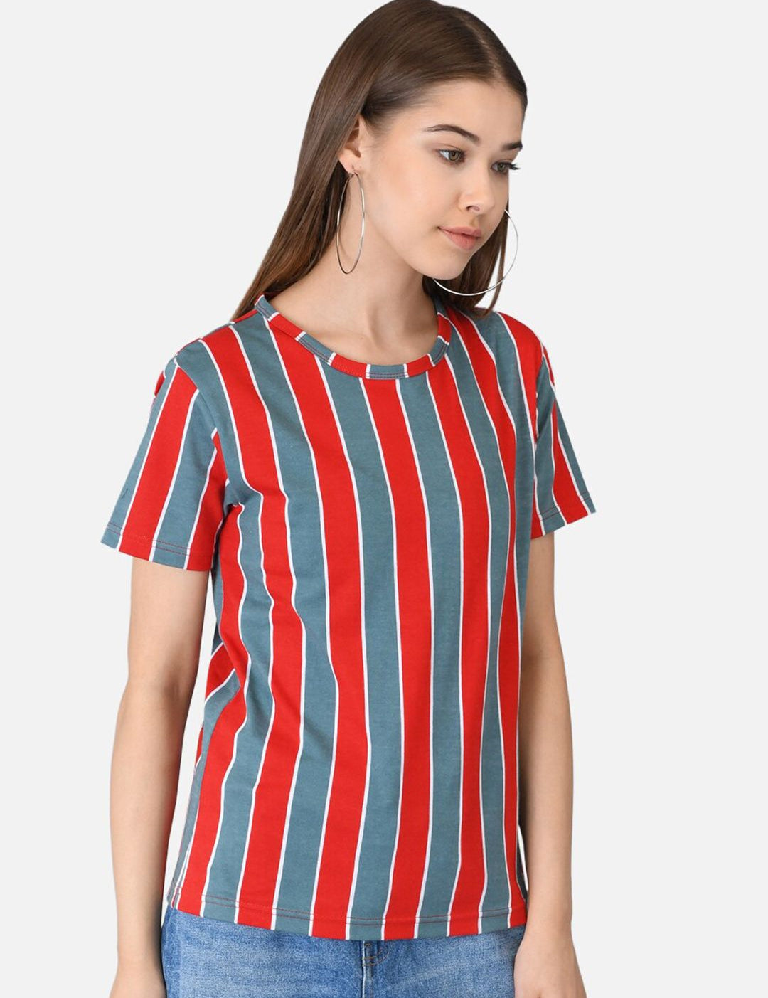 Kotty Women Red & Blue Striped Round Neck T-shirt
