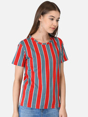 Kotty Women Red & Blue Striped Round Neck T-shirt