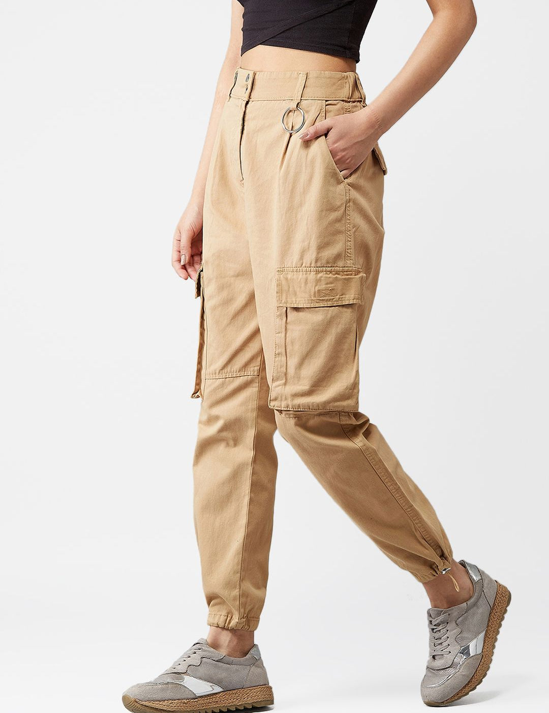 Kotty Women Beige Boyfriend Fit Solid Cargos