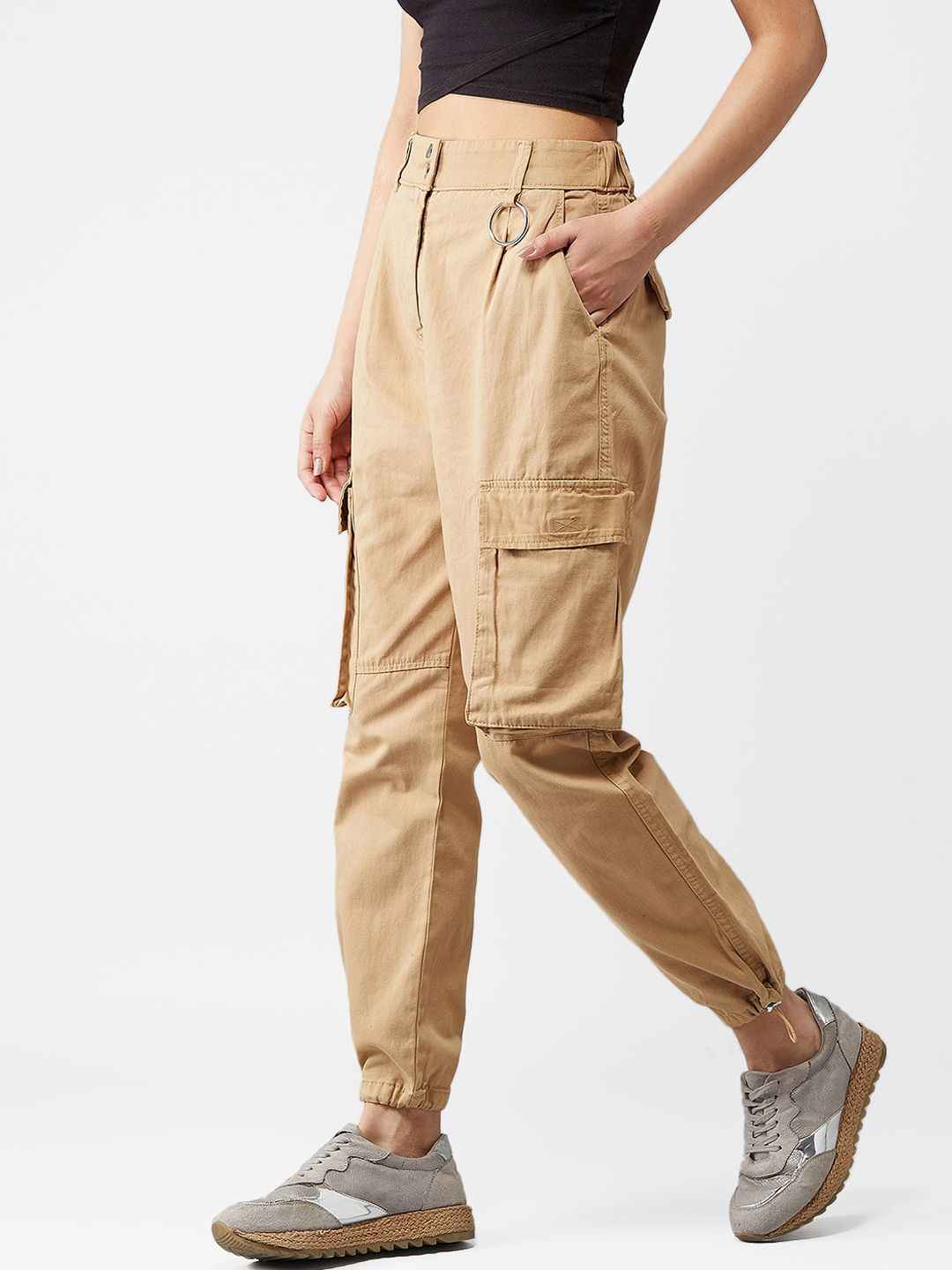 Kotty Women Beige Boyfriend Fit Solid Cargos