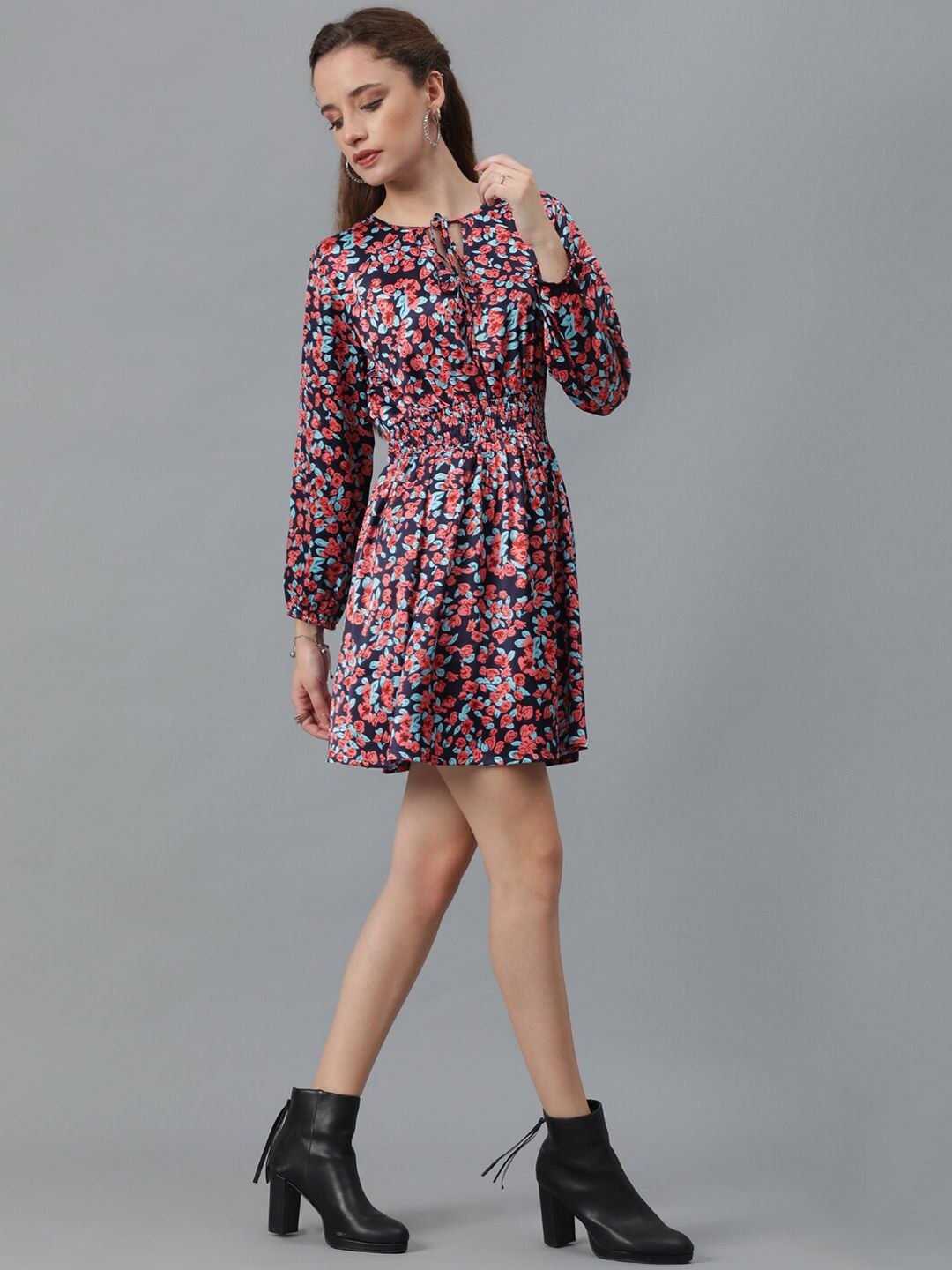 Kotty Navy Blue & Red Floral Printed Tie Up Neck Crepe Smocked Fit & Flare Dress