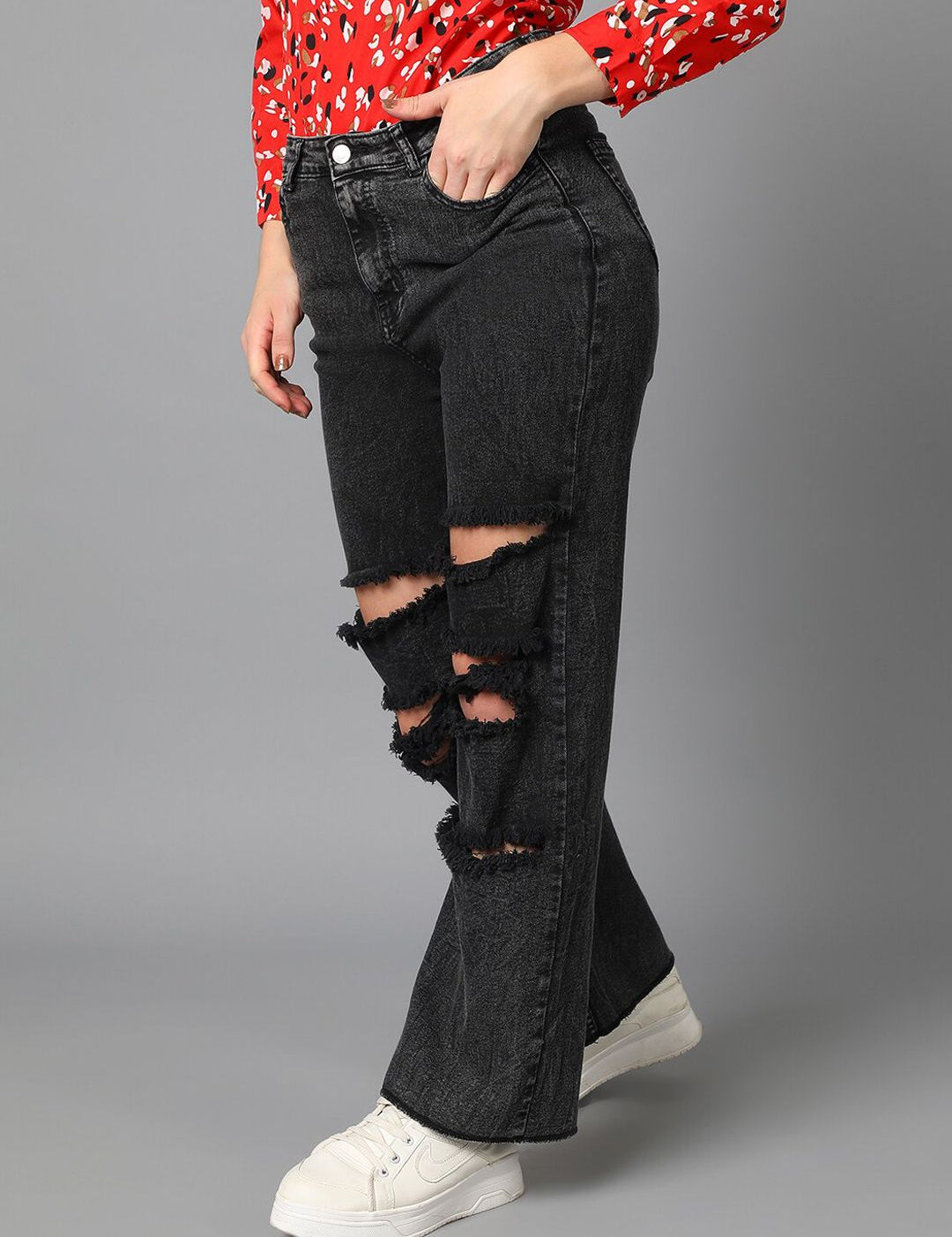 Kotty Women Black Jean Straight Fit High-Rise Highly Distressed Stretchable Jeans