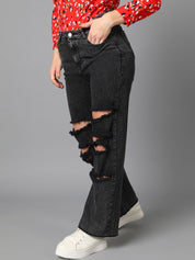 Kotty Women Black Jean Straight Fit High-Rise Highly Distressed Stretchable Jeans