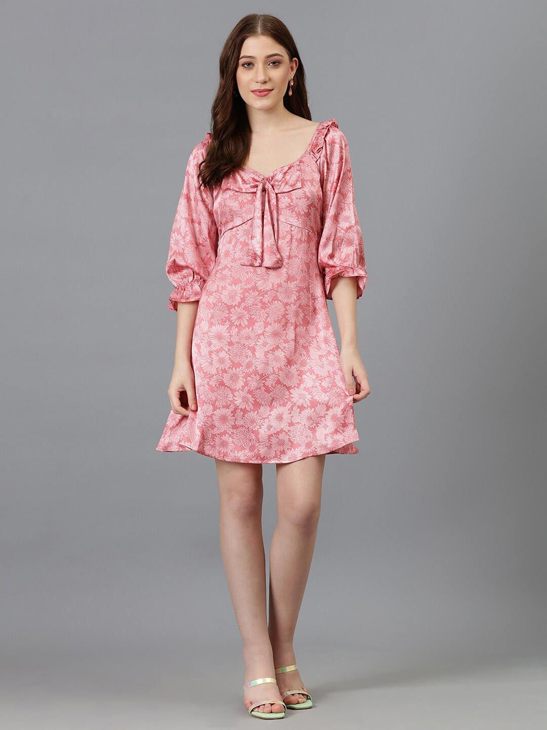 Kotty Pink Floral Printed Sweetheart Neck Bell Sleeves Tie-Ups Satin A-Line Dress