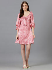 Kotty Pink Floral Printed Sweetheart Neck Bell Sleeves Tie-Ups Satin A-Line Dress