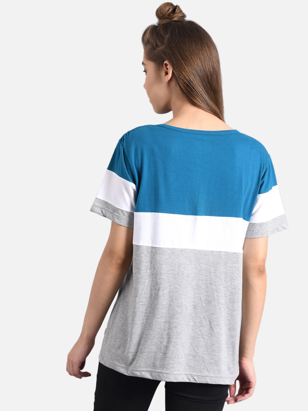 Kotty Women Blue Colourblocked Round Neck T-shirt