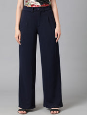 KOTTY BIZwear Women Navy Blue Relaxed Straight Leg  High-Rise Easy Wash Pleated Parallel Trousers