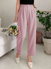 Kotty Women Pink Relaxed Straight Leg Straight Fit High-Rise Pleated Trousers
