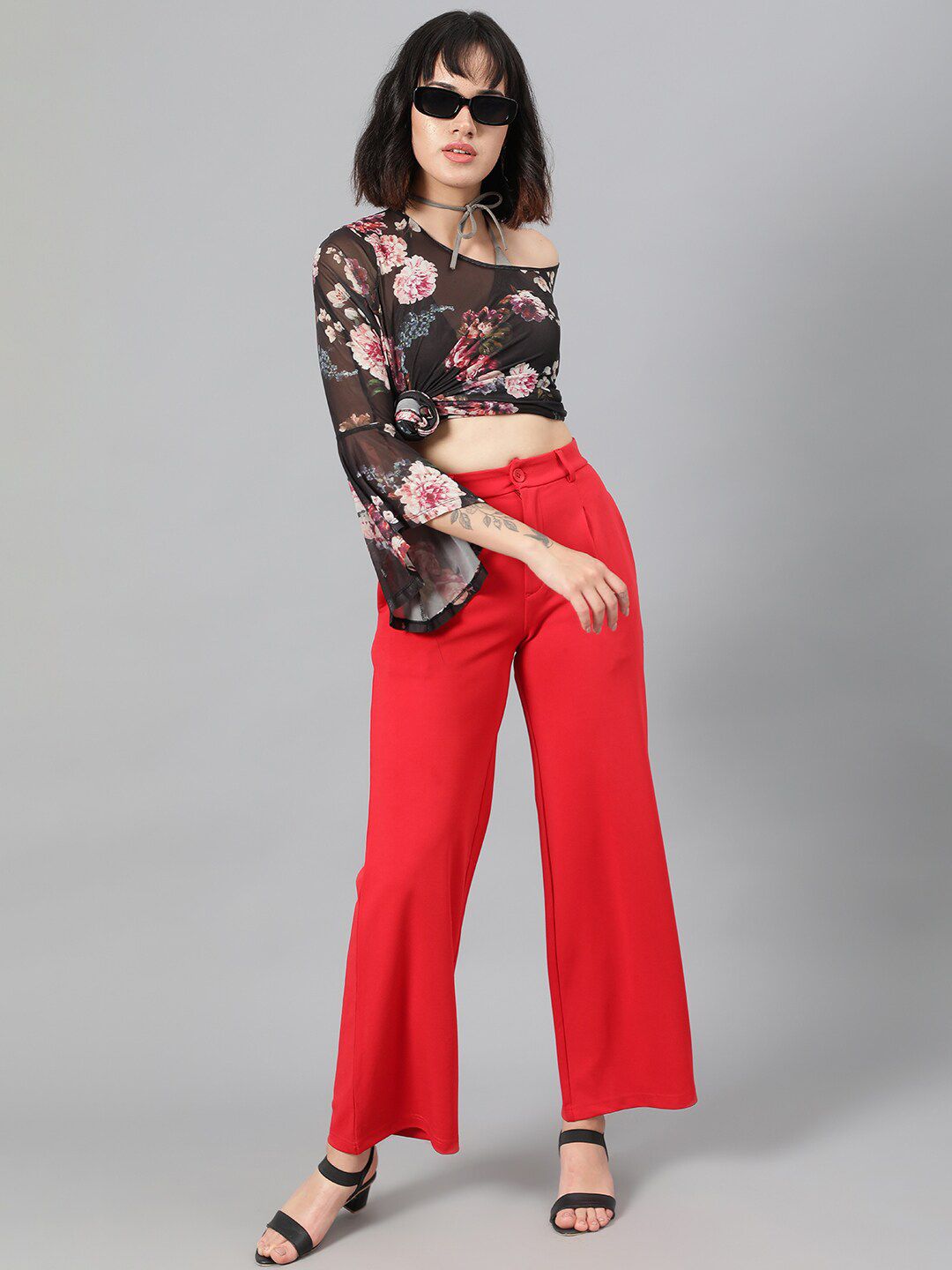 Kotty Women Red High-Rise Relaxed Wide Leg Straight Fit Easy Wash Trousers