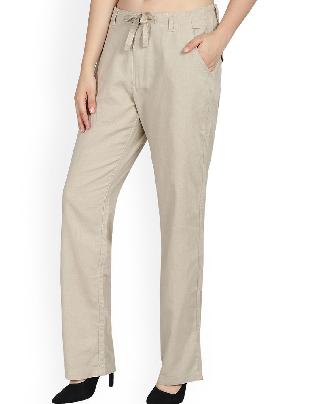 Kotty Women Beige Regular Fit Solid Linen Regular Trousers