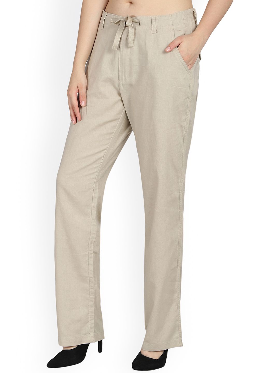 Kotty Women Beige Regular Fit Solid Linen Regular Trousers