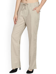 Kotty Women Beige Regular Fit Solid Linen Regular Trousers