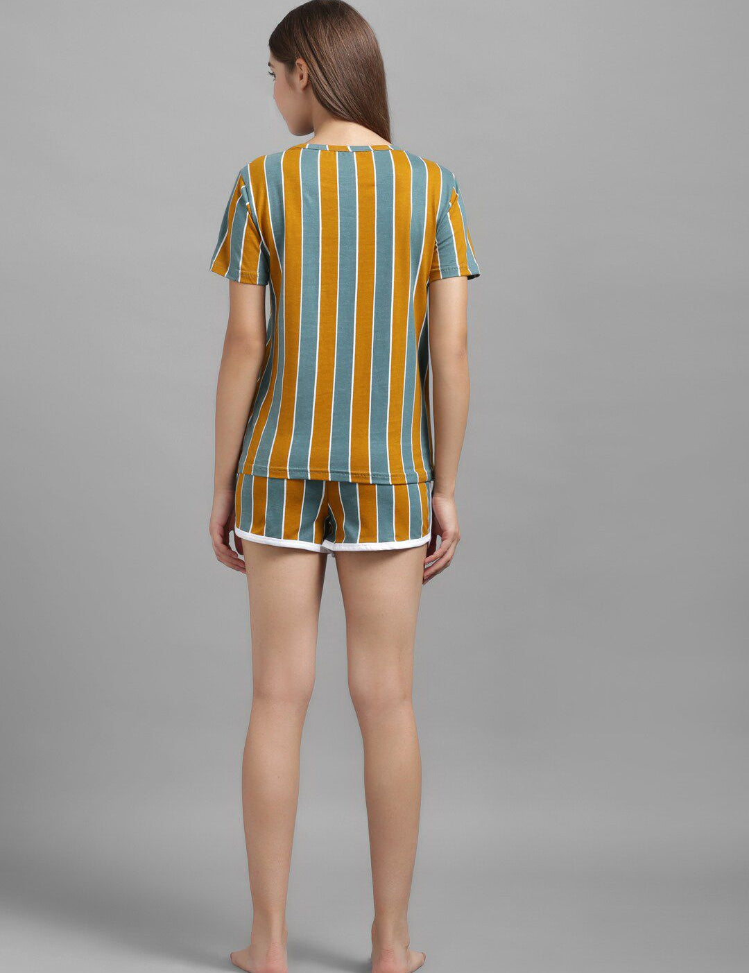 Kotty Women Mustard Yellow & Green Striped Night suit