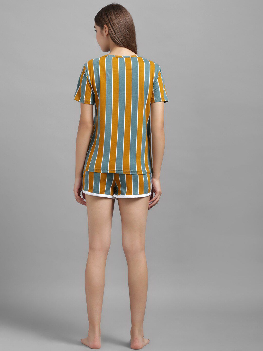 Kotty Women Mustard Yellow & Green Striped Night suit