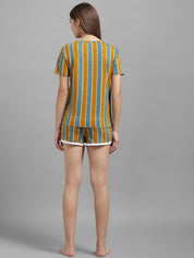 Kotty Women Mustard Yellow & Green Striped Night suit