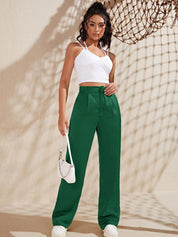 KOTTY BIZwear Women Green Relaxed Straight Fit High-Rise Easy Wash Pleated Trousers