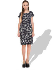 Kotty Floral Printed Boat Neck Extended Sleeves A-Line Dress