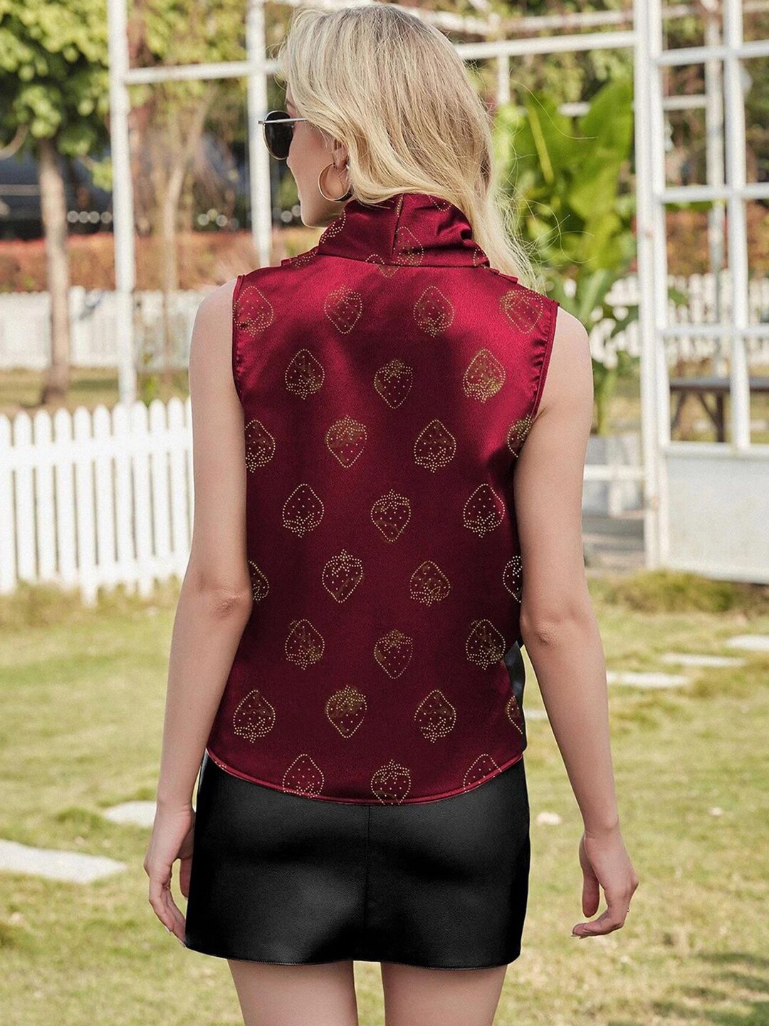 Kotty Maroon Conversational Printed Satin Wrap Top