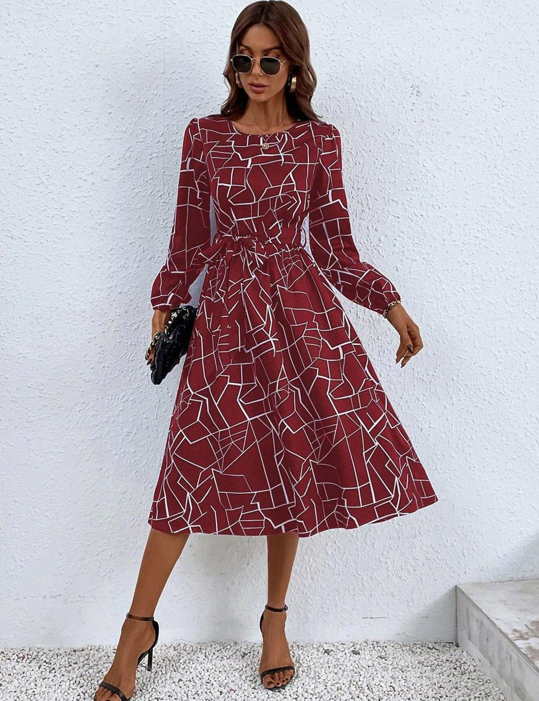 Kotty Maroon & White Abstract Printed Puff Sleeves Crepe Fit & Flare Midi Dress
