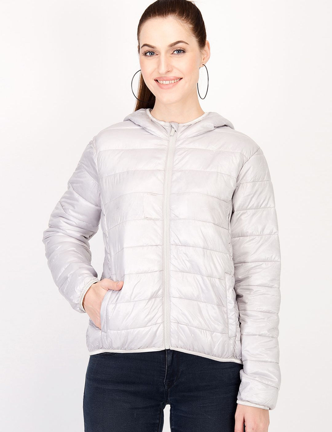 Kotty Women Silver-Coloured Solid Insulator Hooded Puffer Jacket