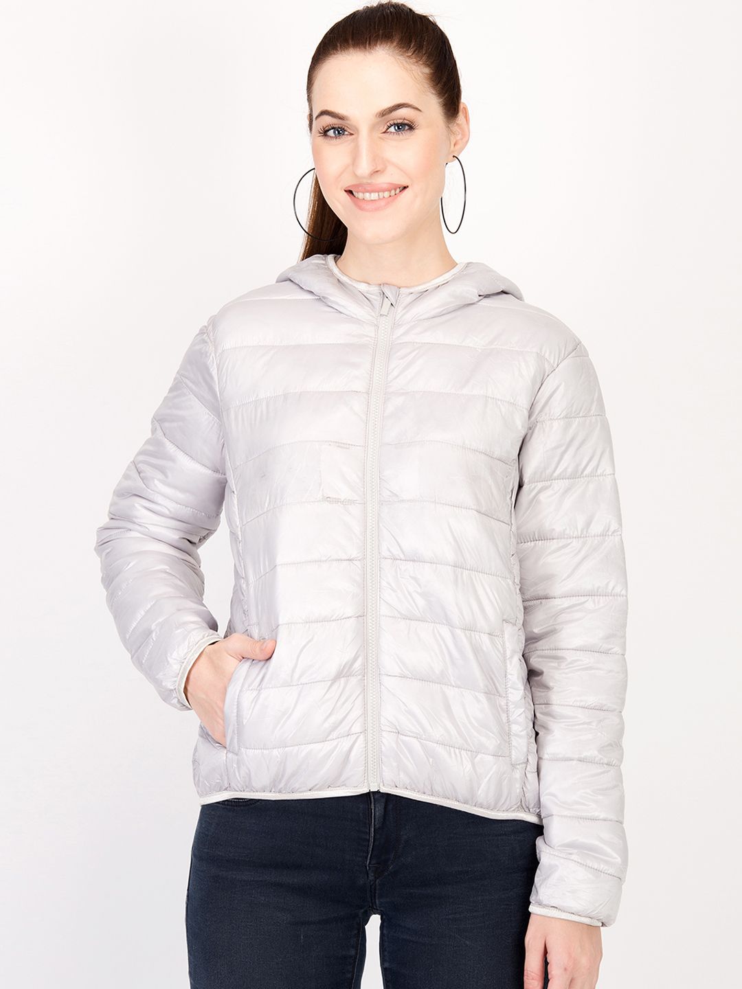 Kotty Women Silver-Coloured Solid Insulator Hooded Puffer Jacket