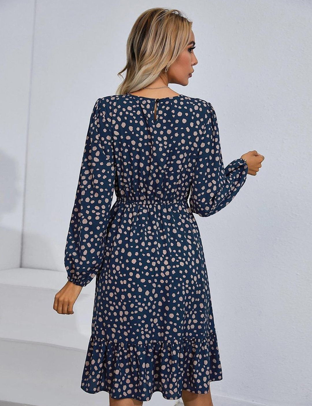 Kotty Navy Blue & Beige Abstract Printed Puff Sleeves Crepe Fit & Flare Dress