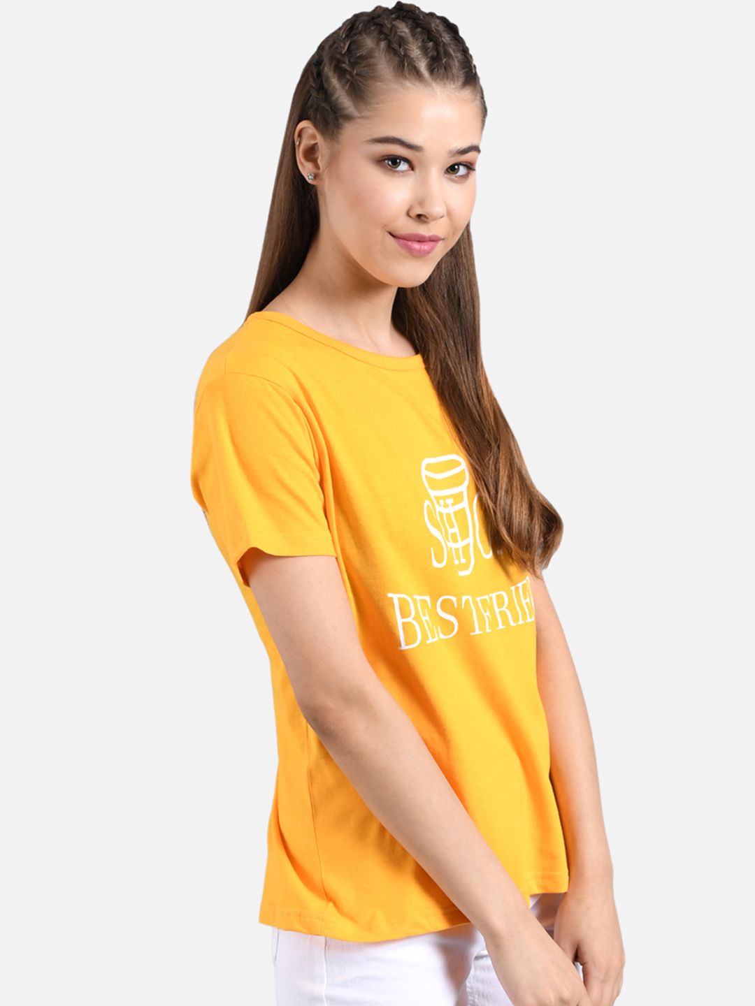 Kotty Women Yellow Printed Round Neck T-shirt