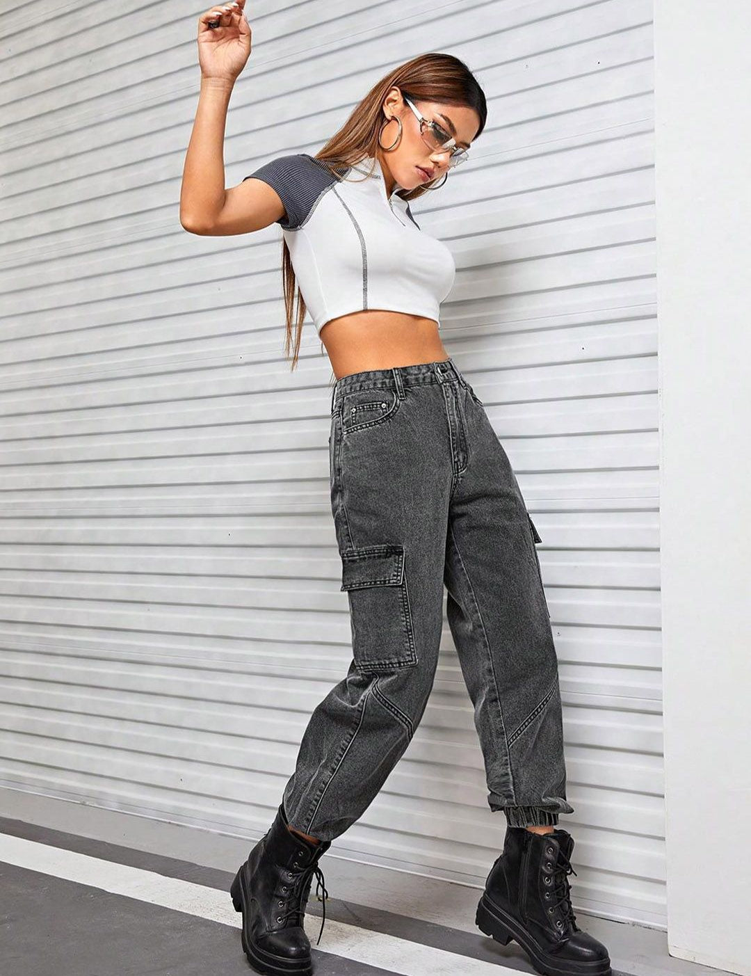 Kotty Women Jean High-Rise Light Fade Stretchable Cargo Jogger