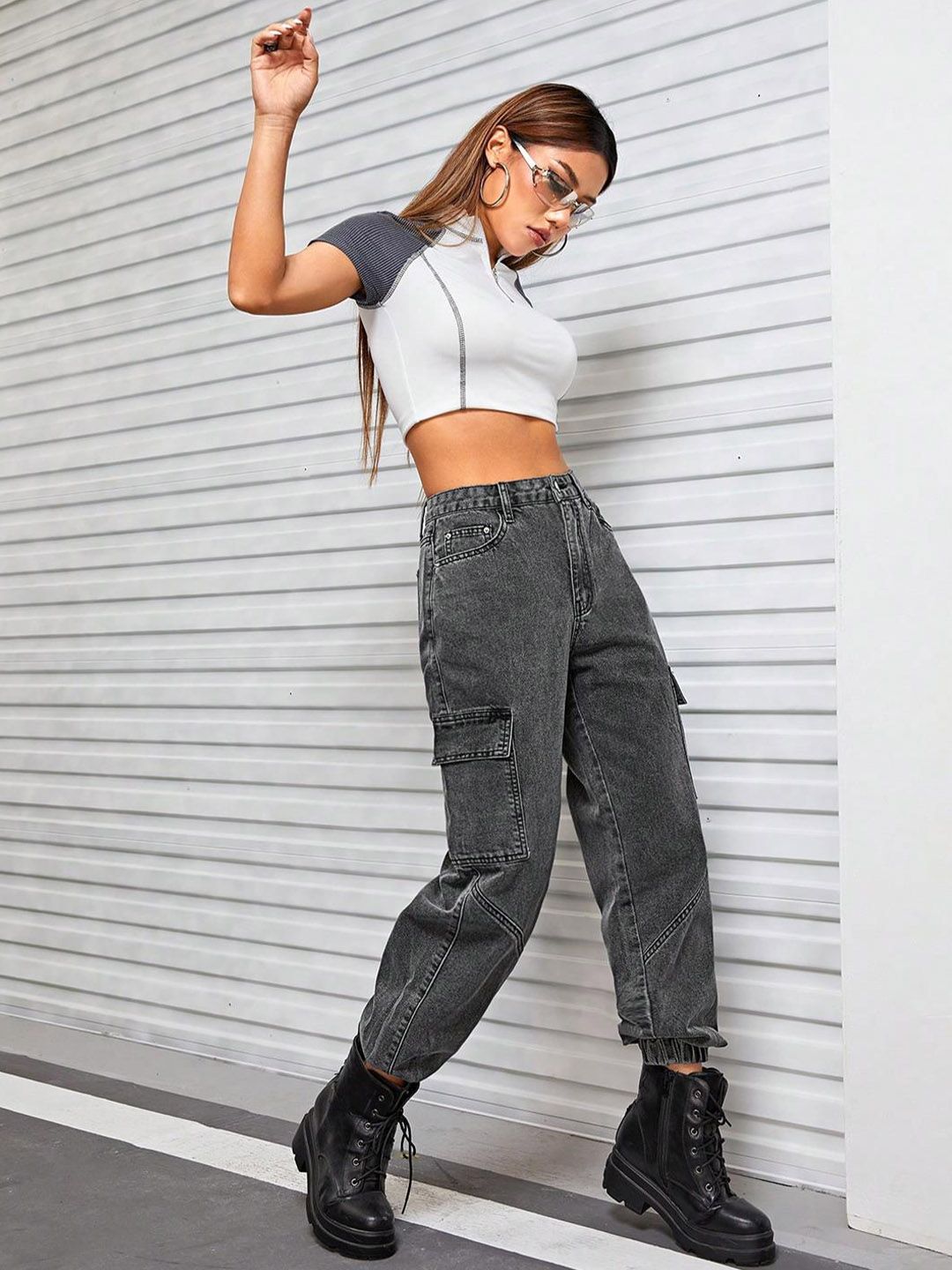 Kotty Women Jean High-Rise Light Fade Stretchable Cargo Jogger