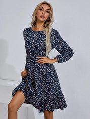 Kotty Polka Dots Printed Puff Sleeve Gathered or Pleated Crepe Fit & Flare Dress