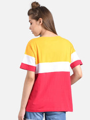 Kotty Women Yellow Colourblocked Round Neck T-shirt