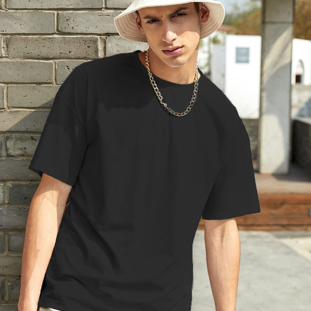 Kotty Black Drop-Shoulder Sleeves Oversized Cotton Casual T-Shirt