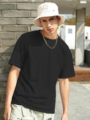 Kotty Black Drop-Shoulder Sleeves Oversized Cotton Casual T-Shirt
