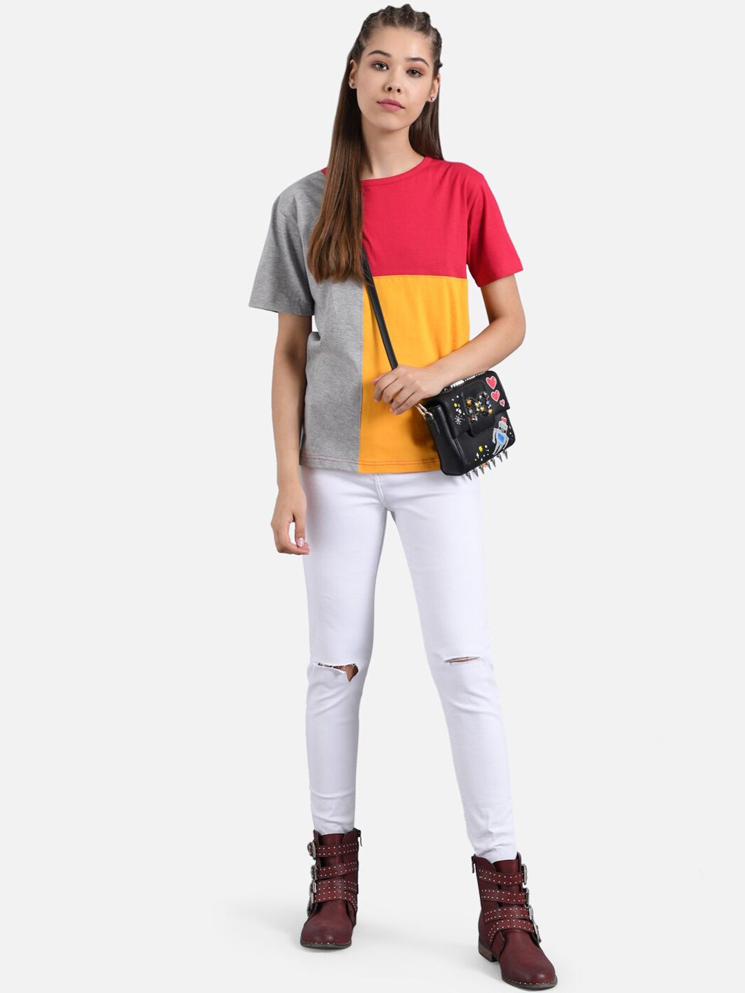 Kotty Women Red And Yellow Colourblocked Round Neck T-shirt