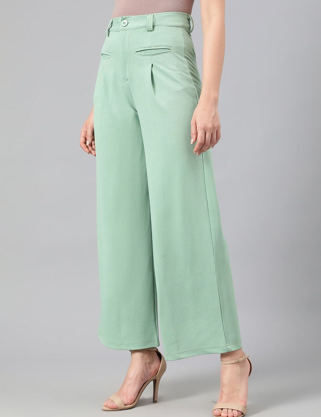 Kotty Women Green Relaxed Straight Leg Fit High-Rise Easy Wash Pleated Parallel Trousers