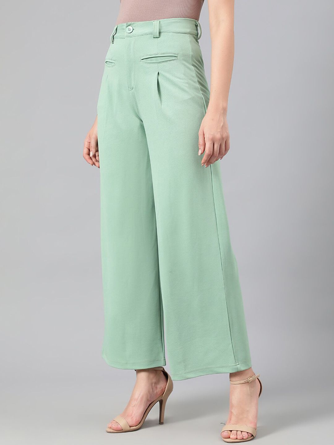 Kotty Women Green Relaxed Straight Leg Fit High-Rise Easy Wash Pleated Parallel Trousers