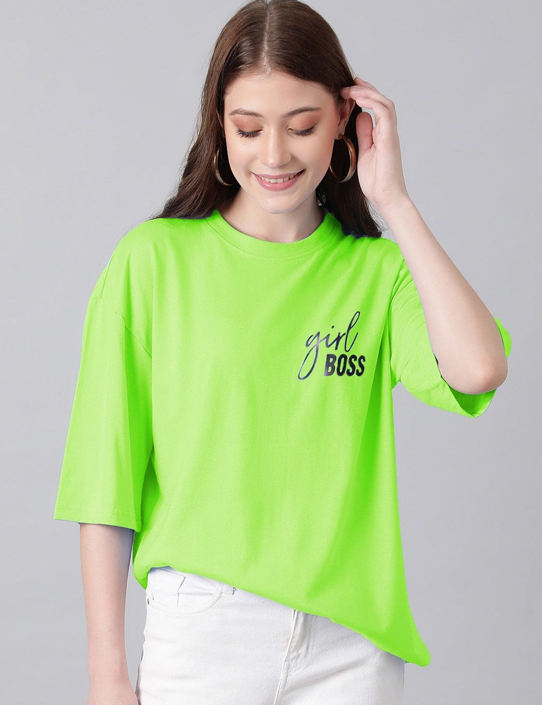 Kotty Round Neck Typography Printed Drop-Shoulder Sleeves Oversized T-shirt