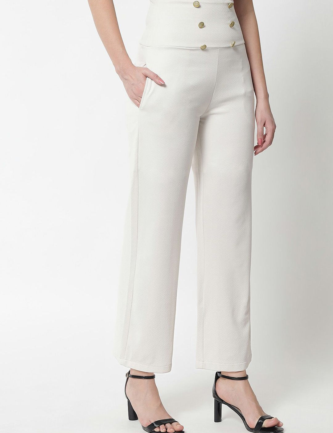 Kotty Women White Solid Relaxed Straight Fit High-Rise Parallel Trousers