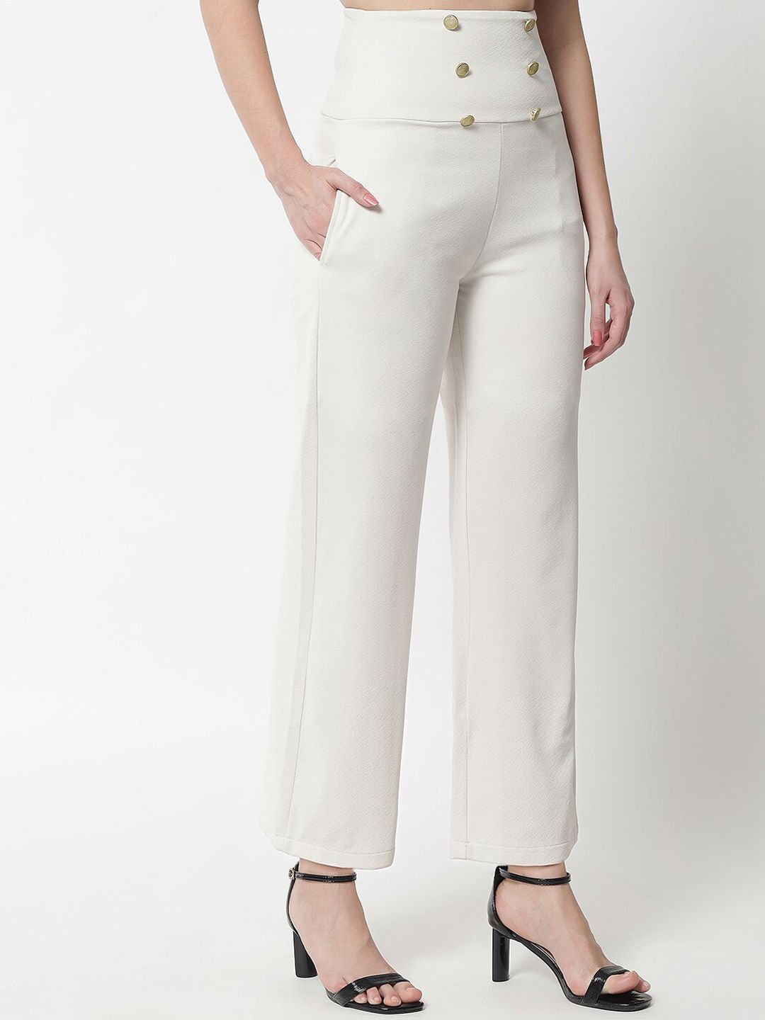 Kotty Women White Solid Relaxed Straight Fit High-Rise Parallel Trousers