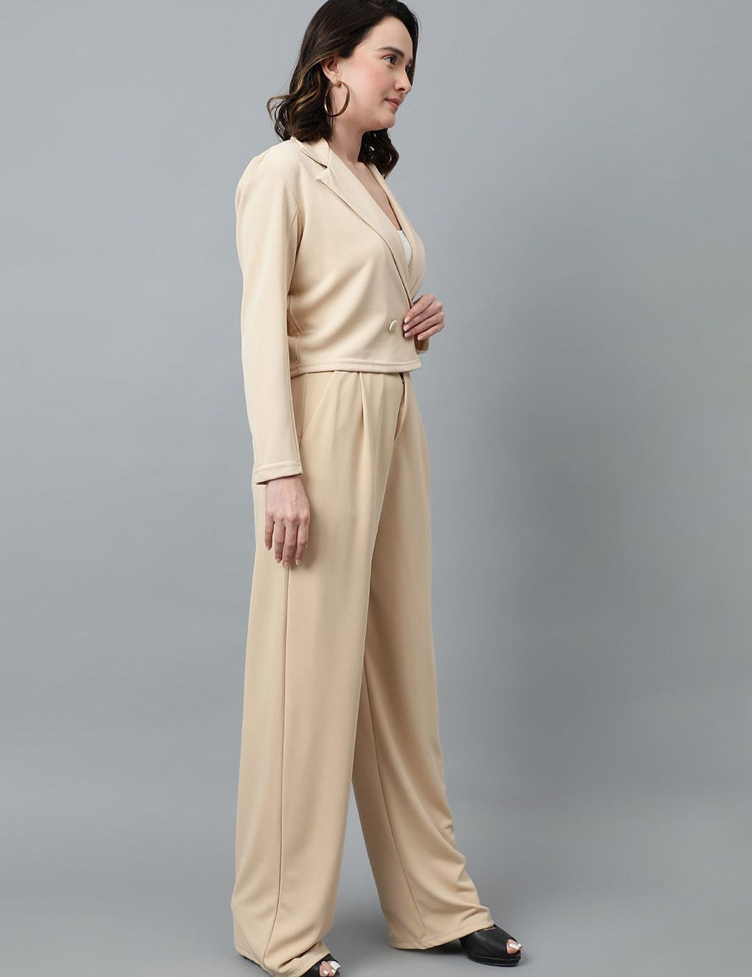 KOTTY BIZwear Beige Notched Lapel Collar Blazer & Mid Rise Trouser