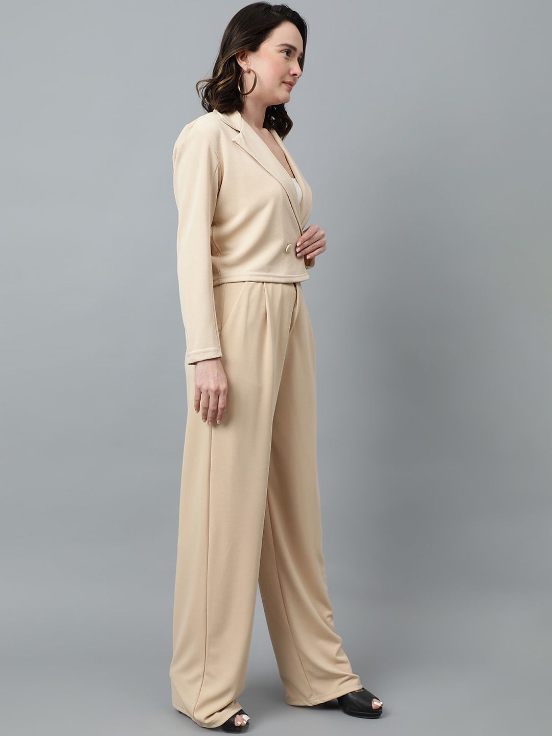 KOTTY BIZwear Beige Notched Lapel Collar Blazer & Mid Rise Trouser