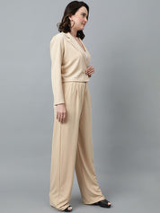 KOTTY BIZwear Beige Notched Lapel Collar Blazer & Mid Rise Trouser