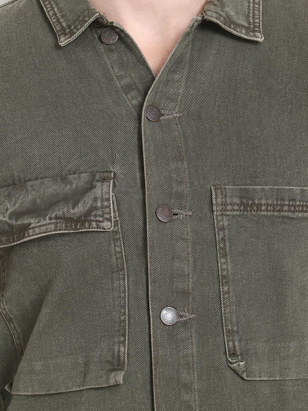 Kotty Men Olive Green Solid Denim Jacket