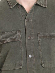 Kotty Men Olive Green Solid Denim Jacket