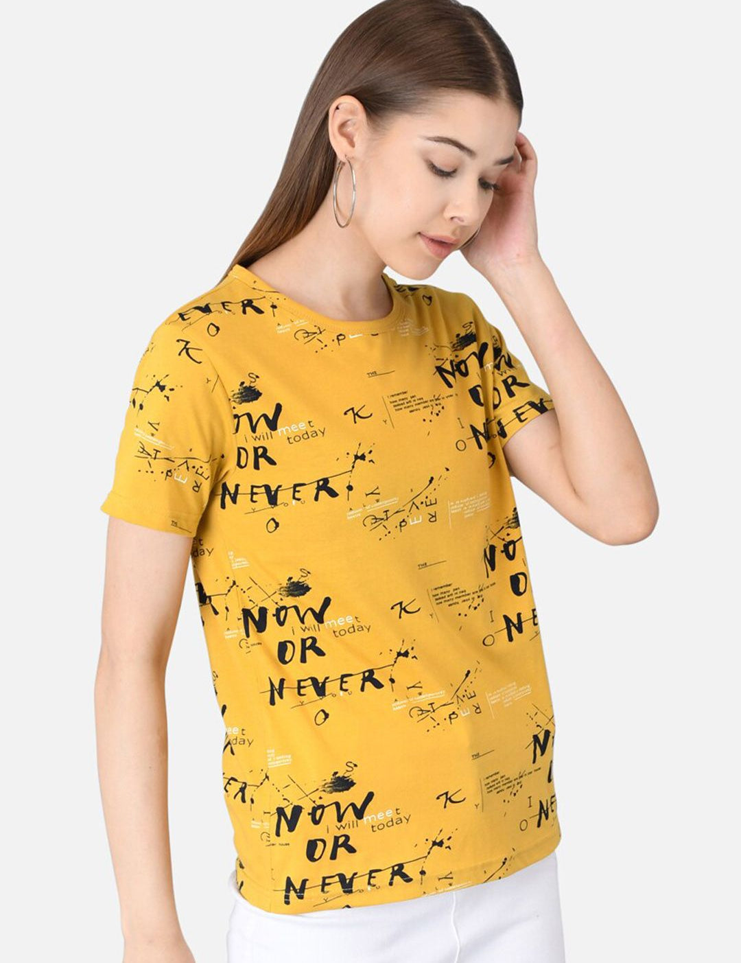 Kotty Women Mustard Yellow & Black Printed T-shirt