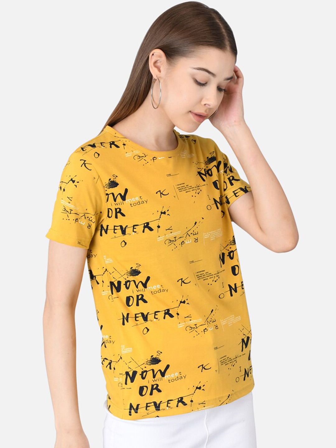 Kotty Women Mustard Yellow & Black Printed T-shirt
