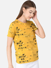 Kotty Women Mustard Yellow & Black Printed T-shirt
